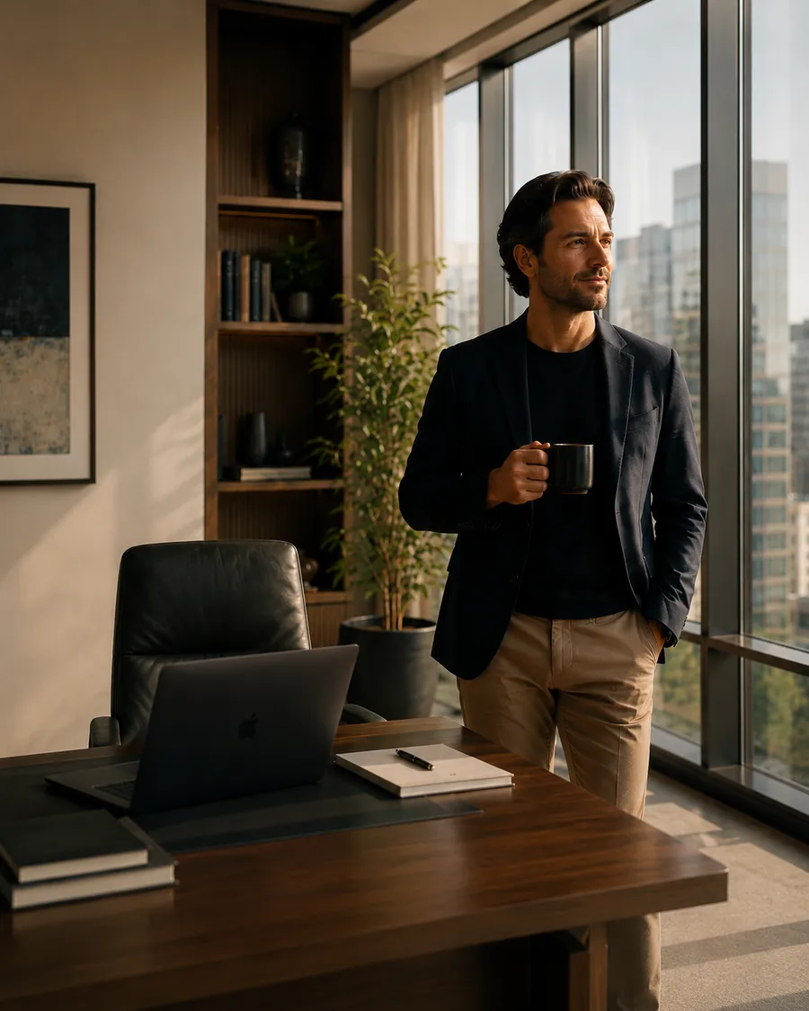 U.S. founder standing at a floor-to-ceiling office window with a cup of coffee, looking out over the city skyline, finally free from operational overload