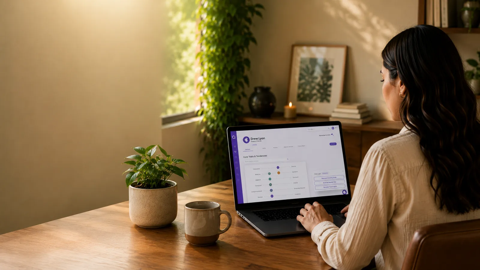 Woman reviewing a behavioral assessment dashboard on her laptop, showing core traits and tendencies scores