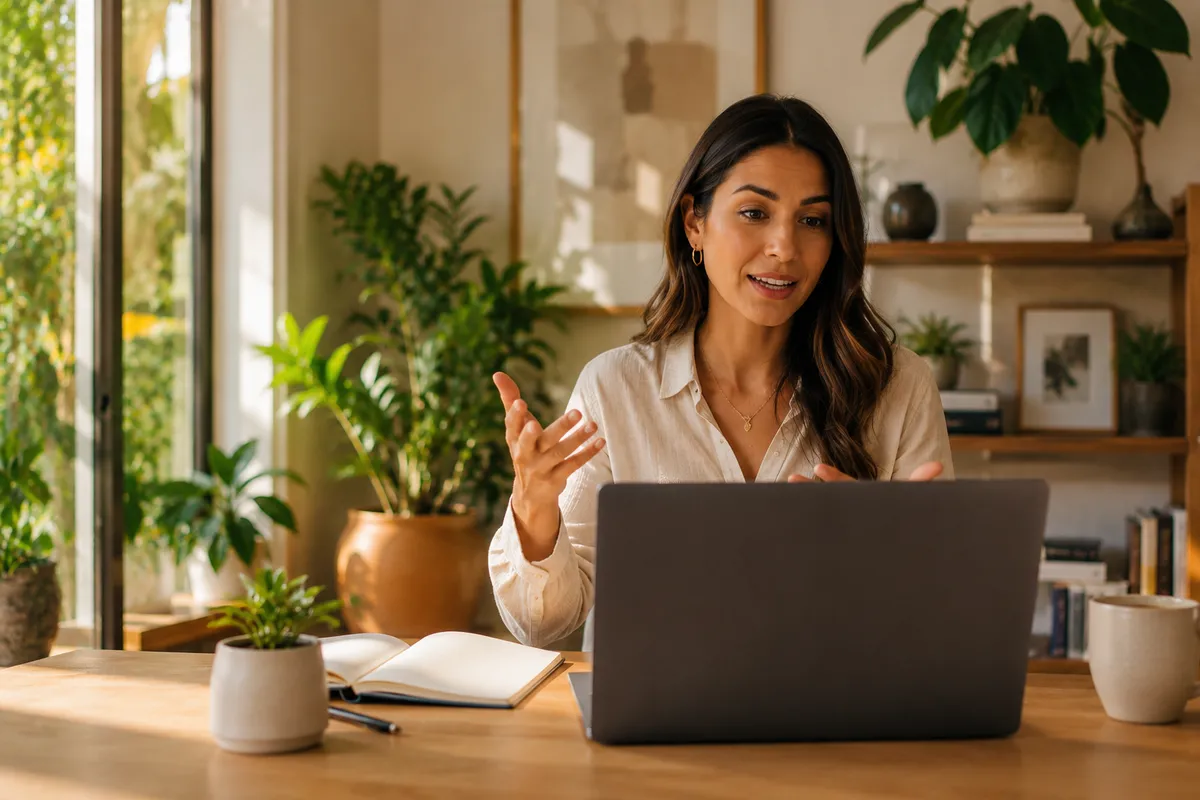 Woman gesturing mid-conversation on a video call in a plant-filled home office