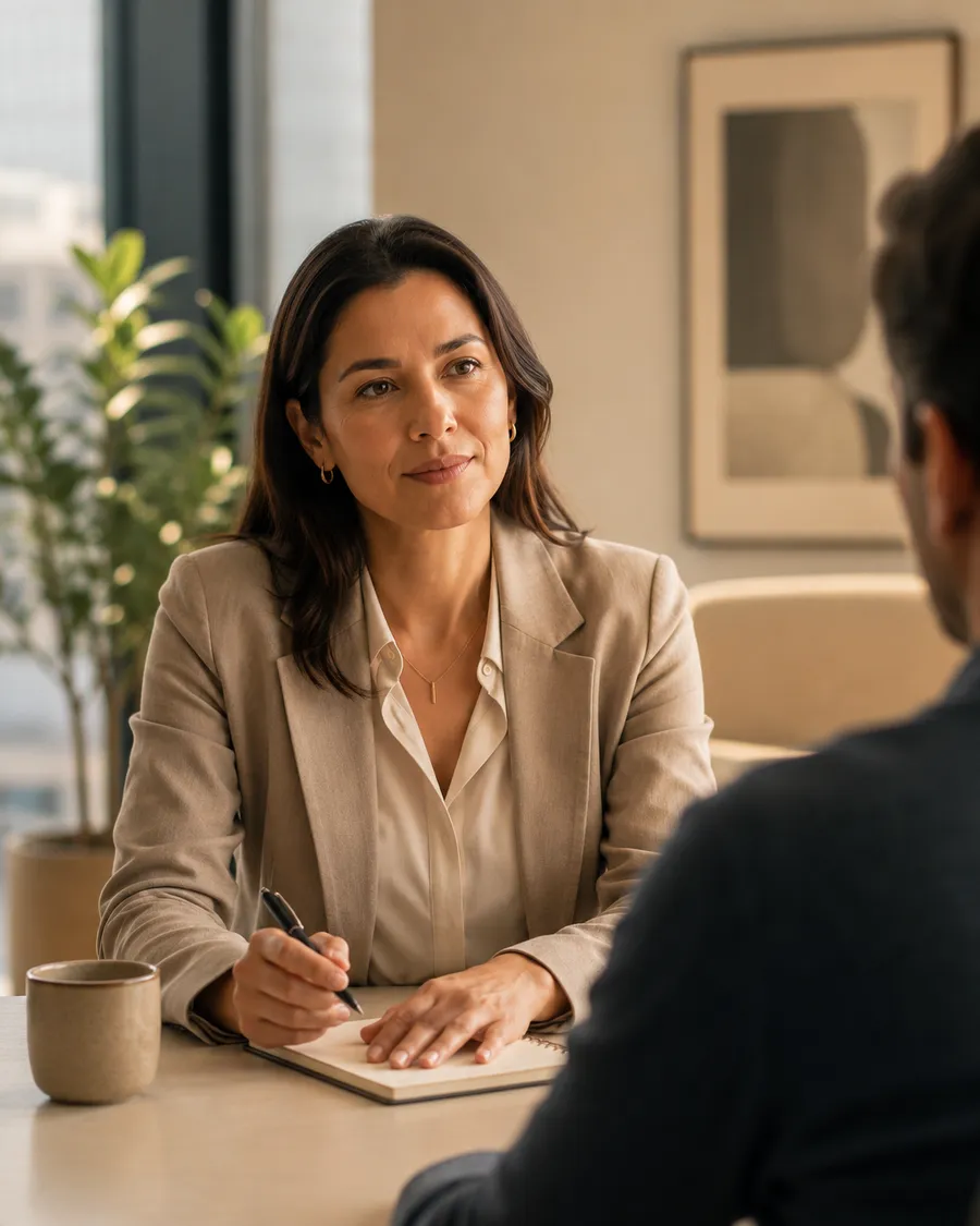 Latin American professional in a calm one-on-one skills assessment